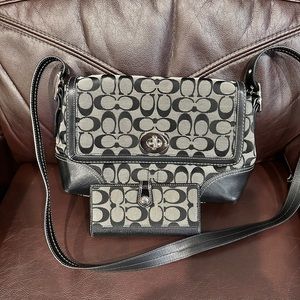 Black and gray Coach signature purse and wallet